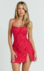 Brailey Mini Dress - Strapless Dress in Red Jacquard