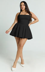 Helda Mini Dress - Halter Tie Neck Corset Panel Dress in Black
