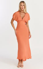 Desiree Midi Dress - V Neck Flutter Short Sleeve Slip Dress in Orange