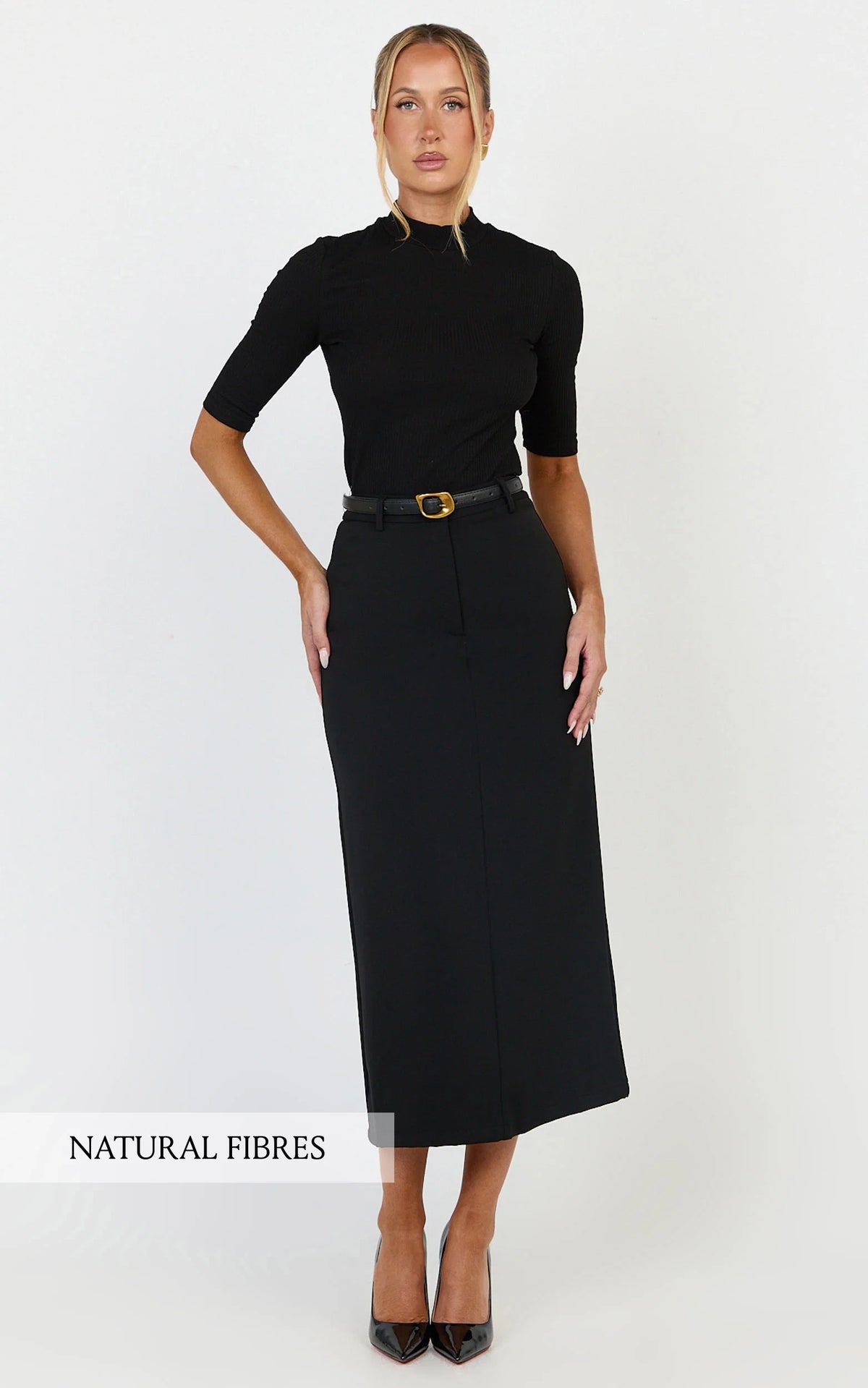 Tilda Top - High Neck Short Sleeve Fitted Top in Black