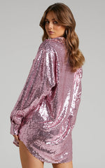 Cally Mini Dress - Oversized Shirt Dress in Lilac Sequin