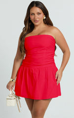 Donatella Mini Dress - Strapless Drop Waist Dress in Red