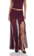 Mesh Fishtail Maxi Skirt in Plum