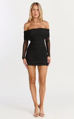 Clyde Mini Dress - Mesh Off Shoulder Ruched Bodycon Dress in Black