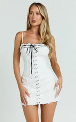 Gisele Mini Dress - Straight Neck Fitted Laced Front Dress in White
