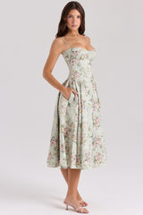 Sage Floral Print Cotton Midi Dress