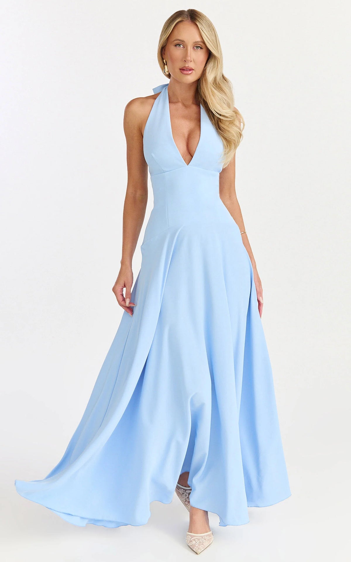 Poppy Maxi Dress - Contrast Skirt Deep Plunge Halter Dress in Blue