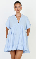 Calissa Mini Dress - Frill Hem Smock Dress in Light Blue