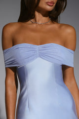 Effortless Beauty Off Shoulder Satin Mini Dress Blue