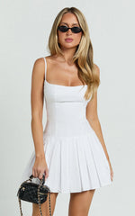 Stefanie Mini Dress - Scoop Neck Drop Waist Pleated Dress in White