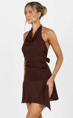 Marlowe Mini Dress - High Cowl Neck Asymmetric Skirt Dress in Chocolate