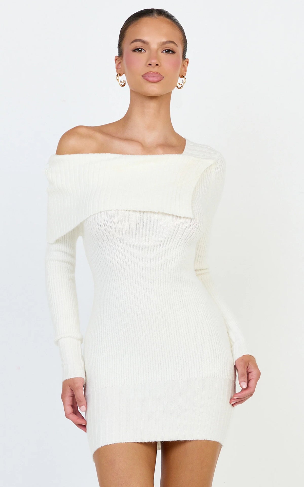 Tess Mini Dress - Asymmetric Off Shoulder Long Sleeve Knit Dress in Cream