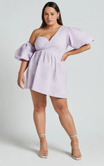 Sula Mini Dress - Asymmetric Off One Shoulder Puff Sleeve Dress in Lilac