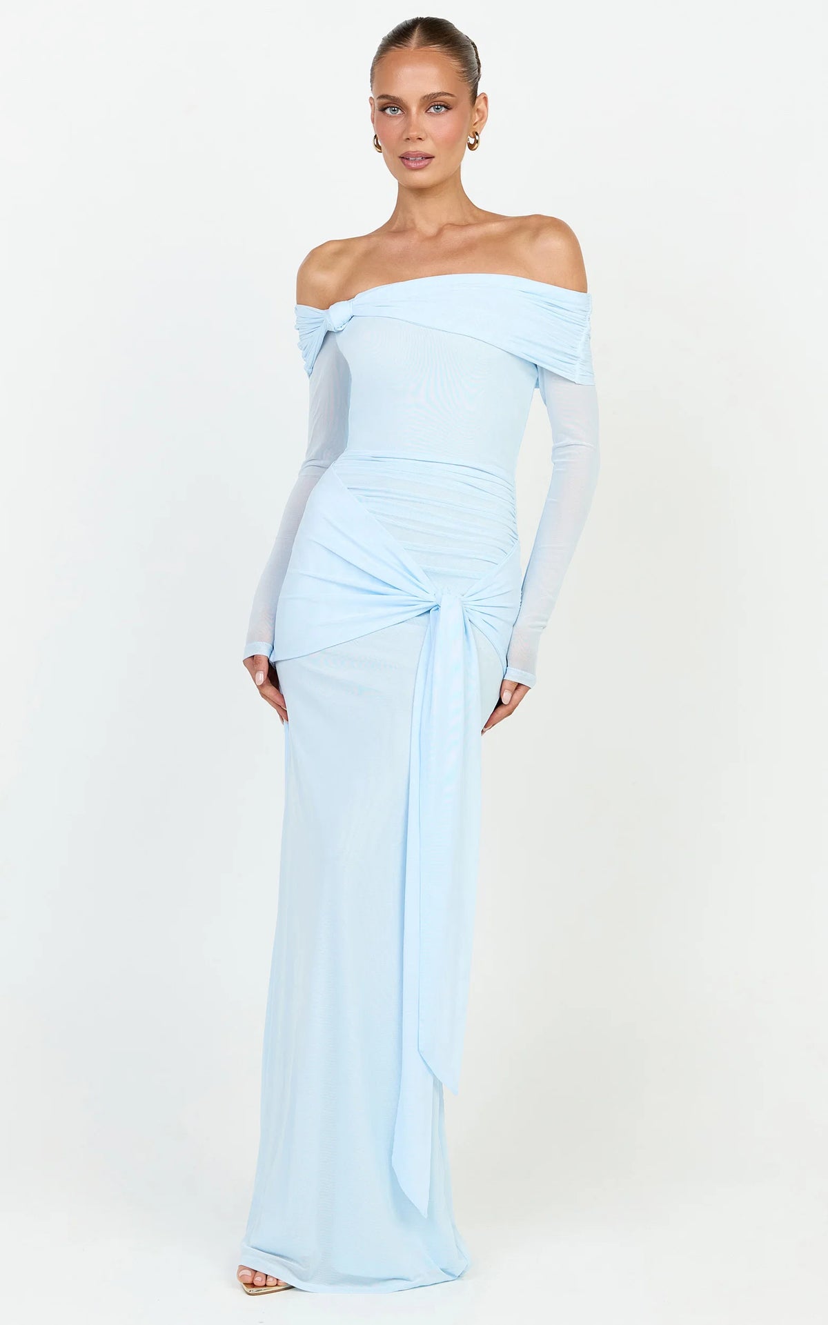Waverly Maxi Dress - Long Sleeve Off Shoulder Dress in Blue