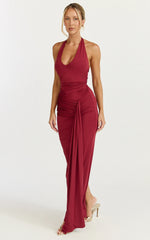 Dixie Maxi Dress - Plunge Halter Low Back Dress in Wine