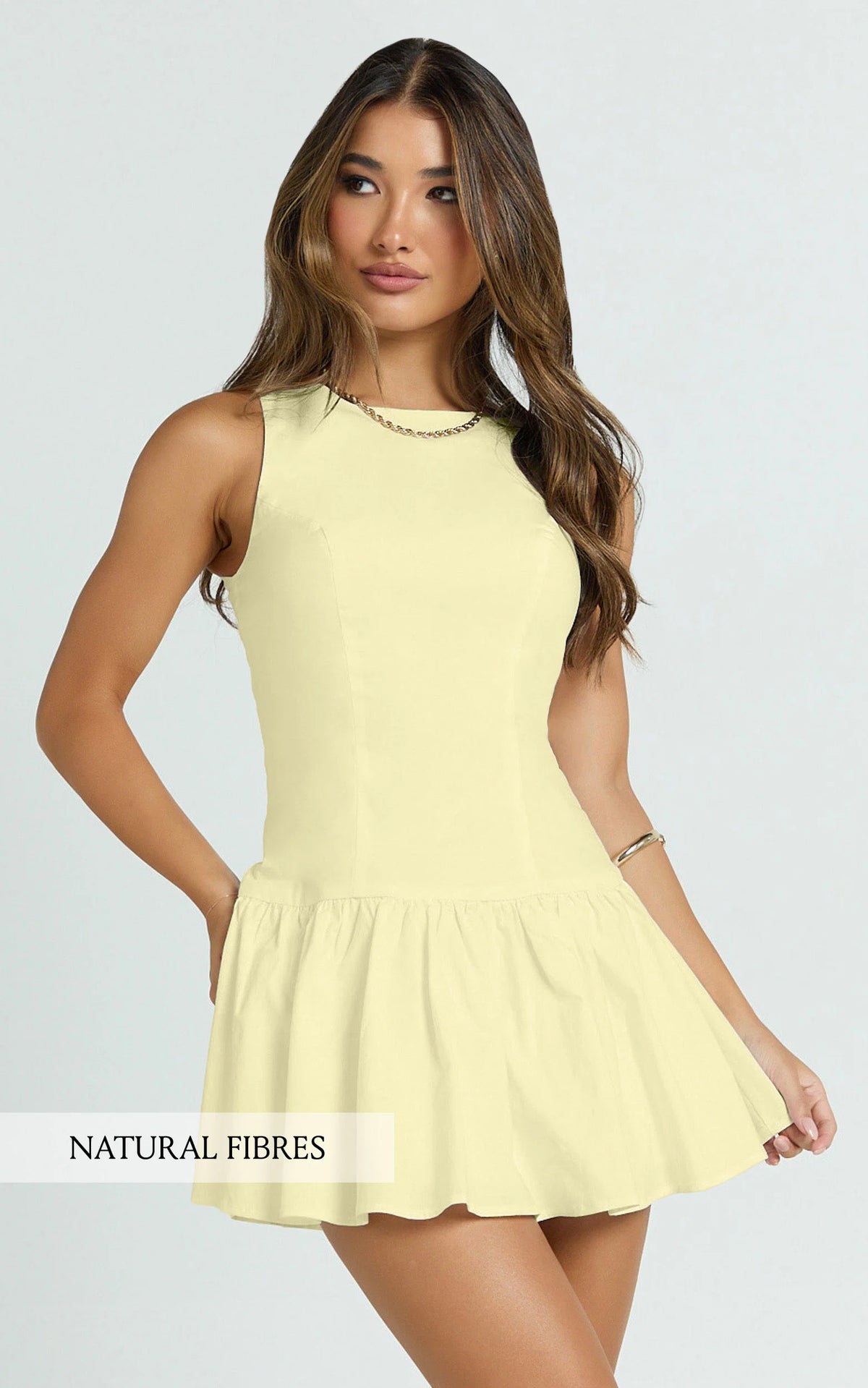 Izira Mini Dress - Boat Neck Drop Waist Shift Dress in Butter Yellow
