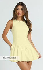 Izira Mini Dress - Boat Neck Drop Waist Shift Dress in Butter Yellow