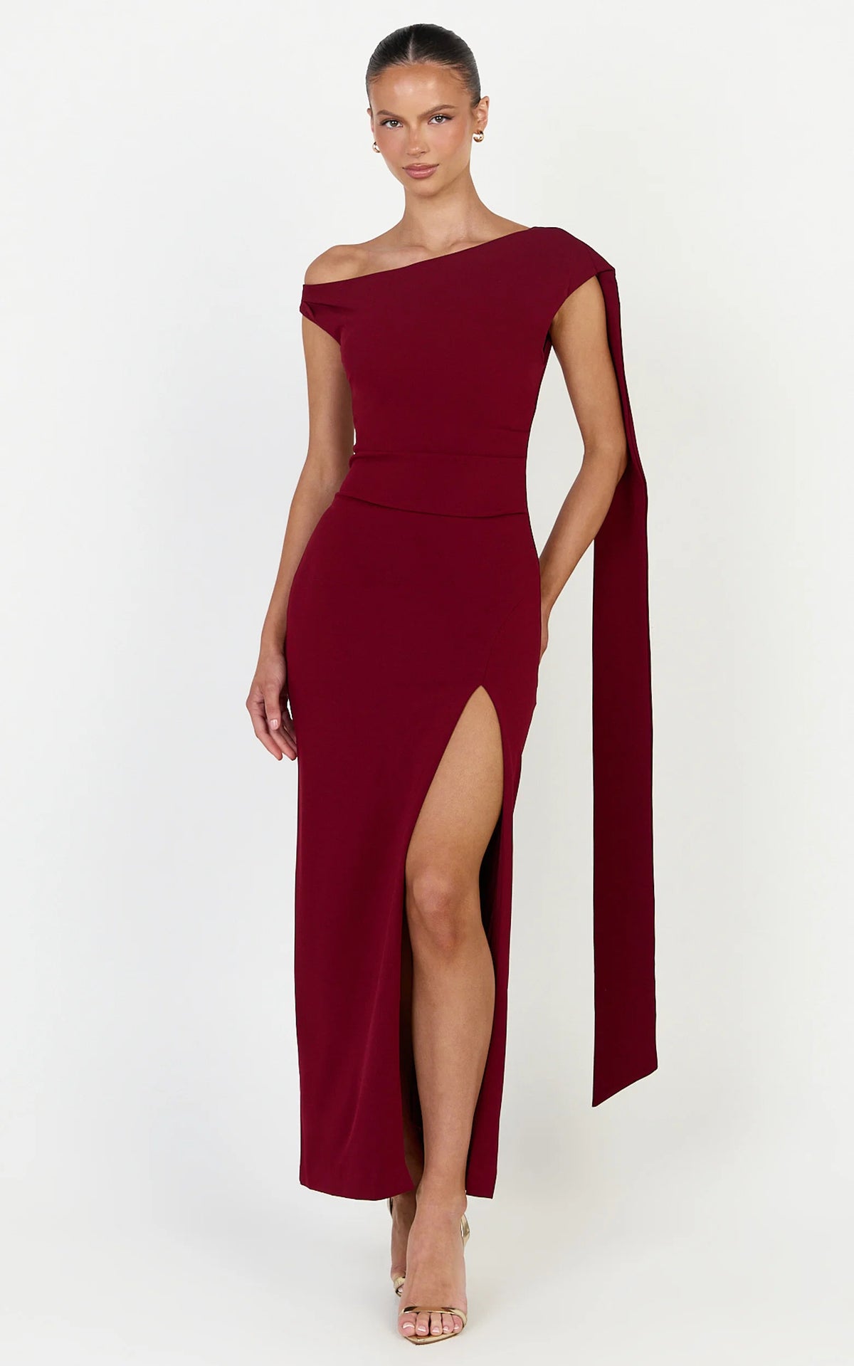 Cosette Midi Dress - Asymmetric Neckline Draped Shoulder Sash Dress in Wine
