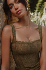 Olive Lace Scallop Trim Maxi Dress