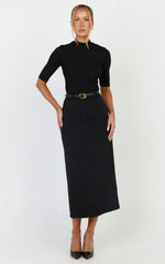 Alanna Midi Skirt - High Waisted Back Split Pencil Skirt in Black