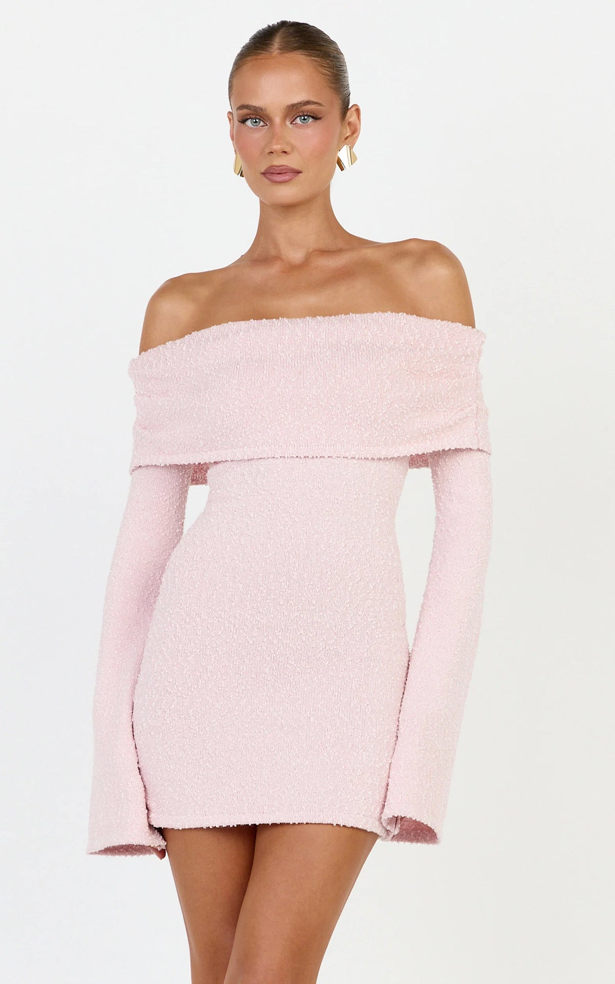 Pietra Mini Dress - Knitted Off Shoulder Dress in Pink