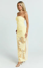 Sienna Midi Dress - Strapless Floral Embroidered Bodycon Dress in Lemon