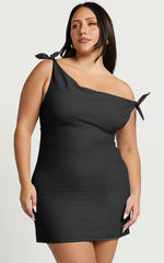 Jeofina Mini Dress - Off The Shoulder Linen Look Dress in Black