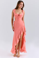 Coral Georgette Ruffle Maxi Dress