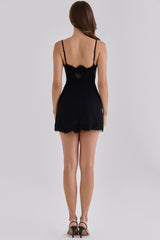Black Georgette Custom Hand Beaded Embellished Lace Trim Mini Dress – Limited Edition