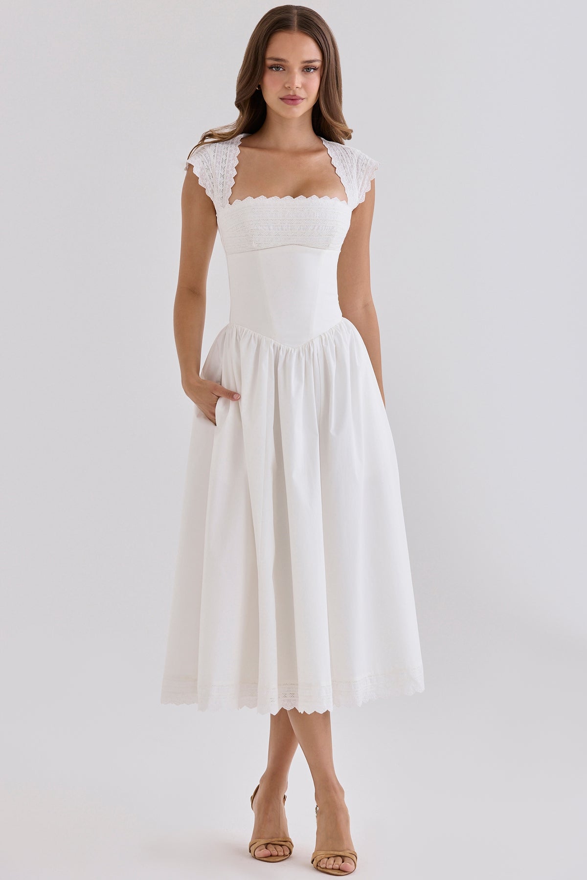 White Cotton Broderie Anglaise Trim Midi Sundress