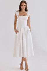 White Cotton Broderie Anglaise Trim Midi Sundress