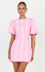 Laila Mini Linen Blend Dress - High Neck Side Cut Out Puff Sleeve Straight Dress in Pink