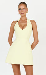 Leilani Mini Dress - Plunge Gold Hardware Fit and Flare Dress in Lemon