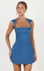Heather Mini Dress - Square Neck A Line Denim Mini Dress in Mid Blue Wash