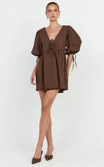 Rosita Mini Dress - Tie Front Puff Sleeve Dress in Chocolate