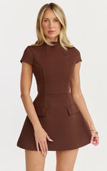 Savanna Mini Dress - High Neck Cap Sleeve Tulip Skirt Dress in Chocolate