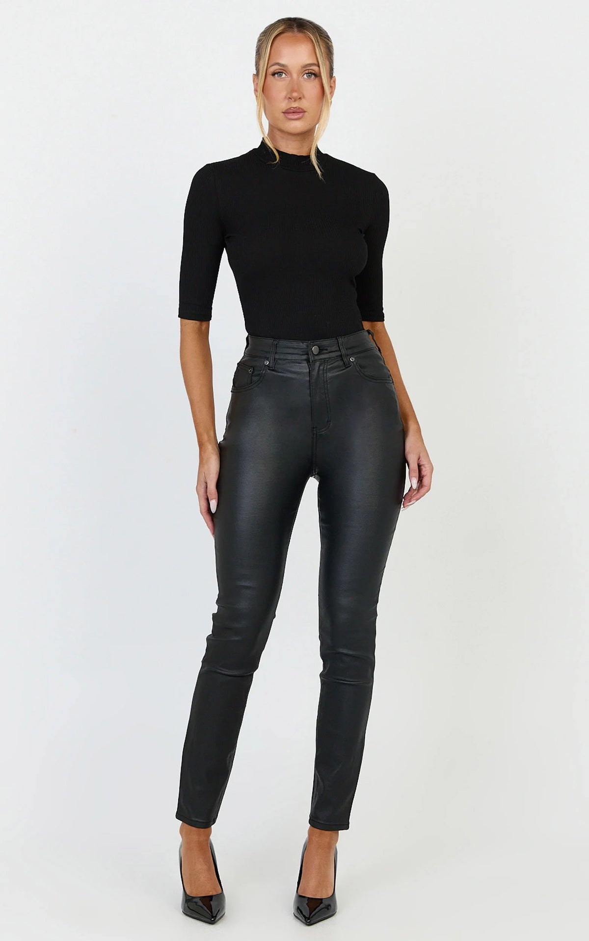 Whinnie Jeans - High Waist Skinny Coated Denim Jeans in Black