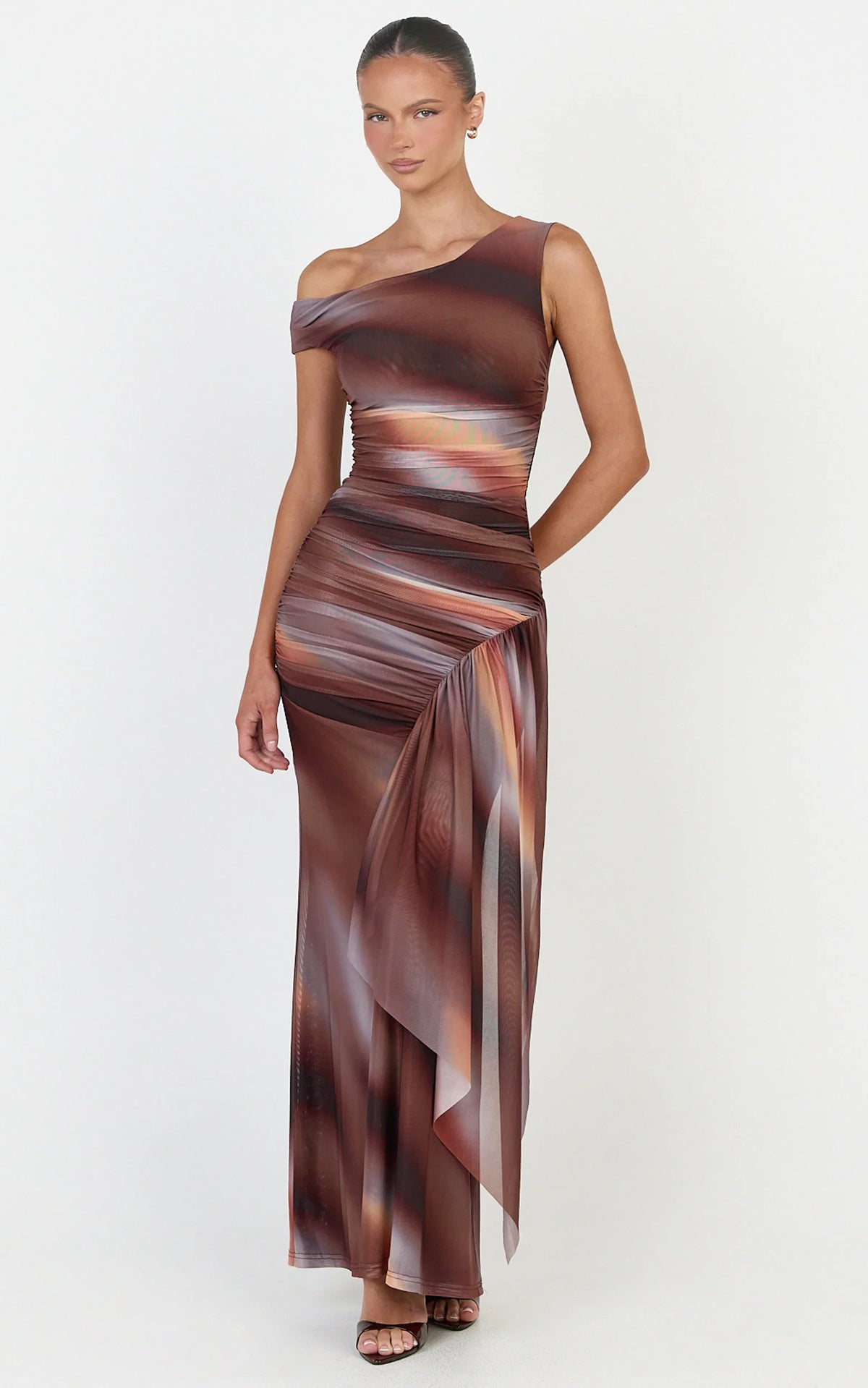 Lucienne Maxi Dress - Asymmetric Neckline Gathered Draped Sash Dress in Aurora Print