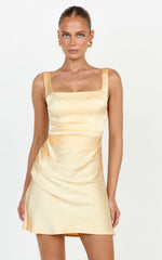Rumi Mini Dress - Ruched Bodice Satin Dress in Lemon