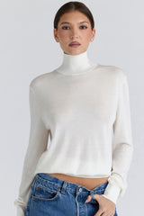 Ivory Silk + Wool Roll Neck Sweater