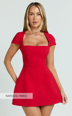 Yuna Mini Dress - Cap Sleeve Open Back Fit And Flare Tulip Dress in Red