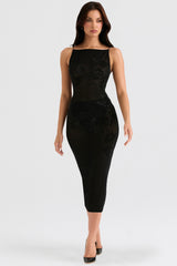 Black Mesh Crystal Embellished Midi Dress