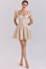 Cream Floral Print Chiffon Puff Sleeve Mini Dress