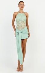 Nerissa Mini Dress - Crochet Floral Embellished High Neck Wrap Tie Skirt Dress in Sage