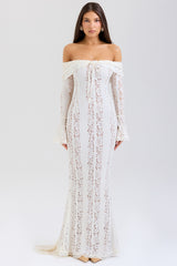 Vintage Cream Floral Lace Off Shoulder Maxi Dress