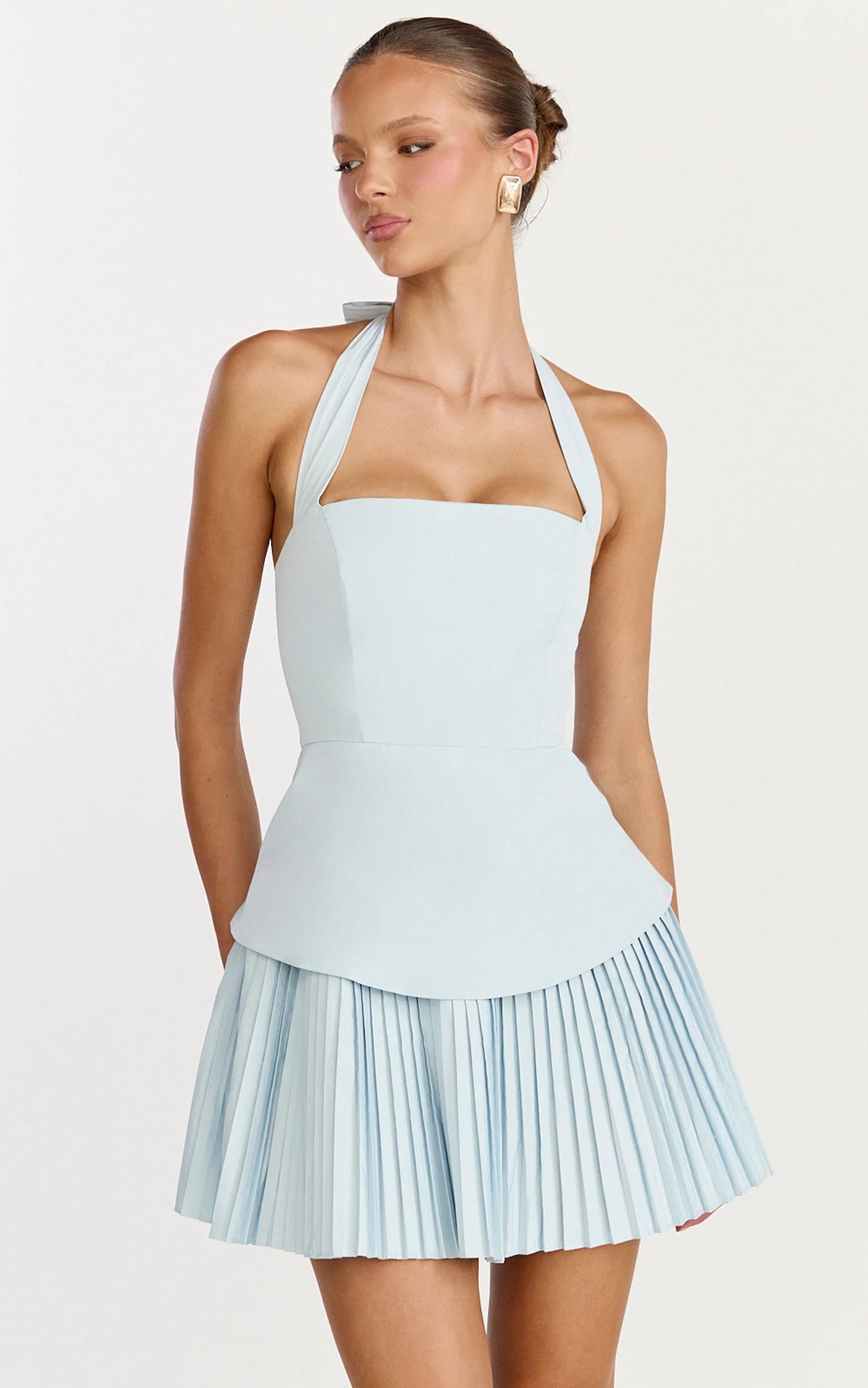 Calla Mini Dress - Halter Neck Peplum Pleated Skirt Dress in Light Blue