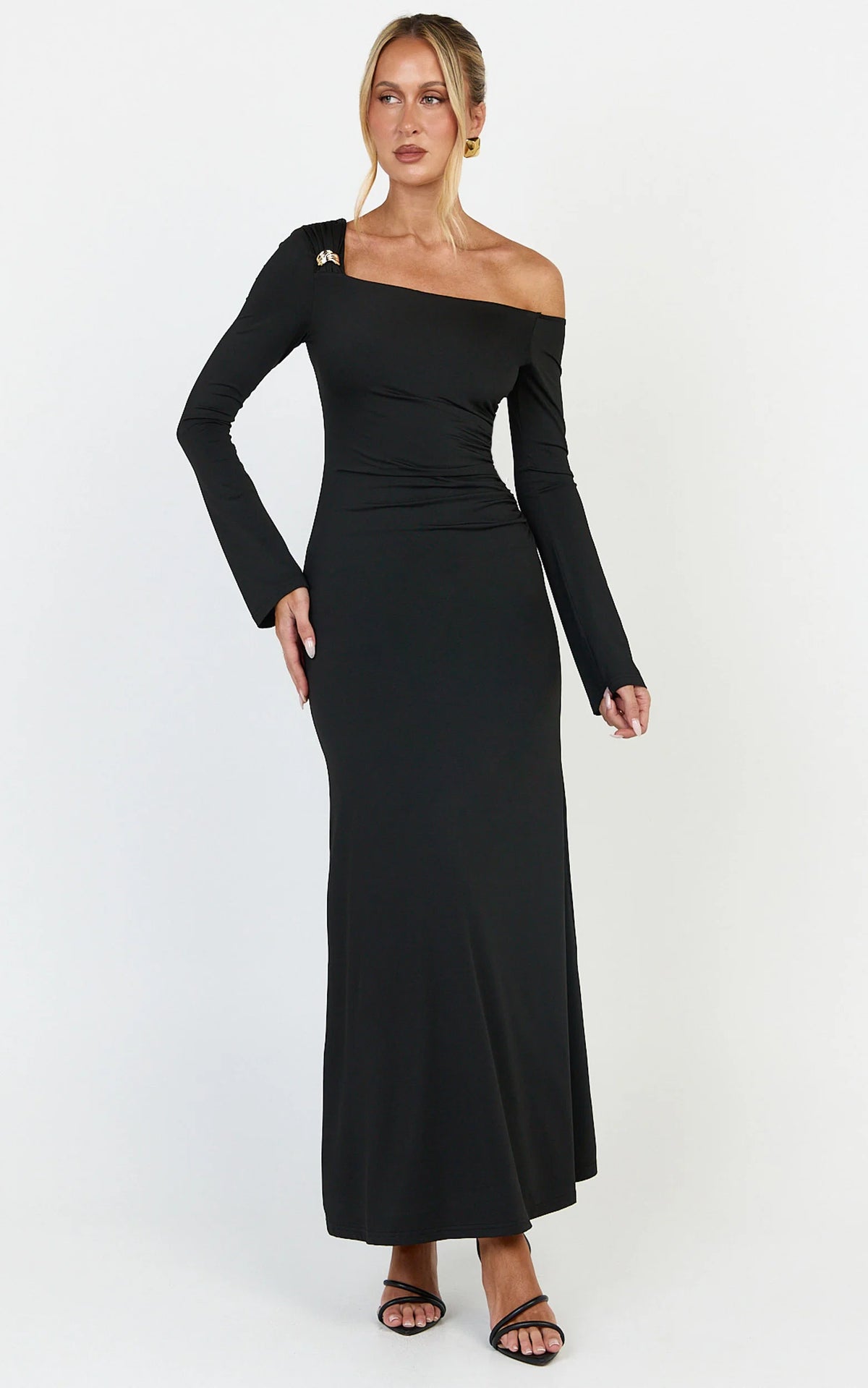 Daisy Maxi Dress - Long Sleeve Gold Hardware Detail Maxi Dress in Black