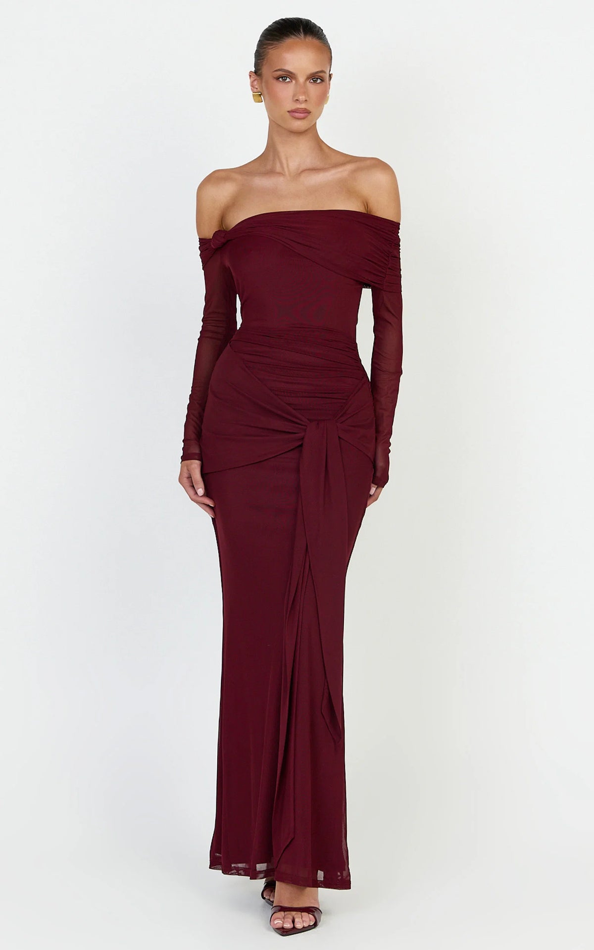 Waverly Maxi Dress - Long Sleeve Off Shoulder Dress in Wine