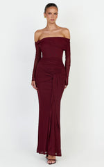 Waverly Maxi Dress - Long Sleeve Off Shoulder Dress in Wine