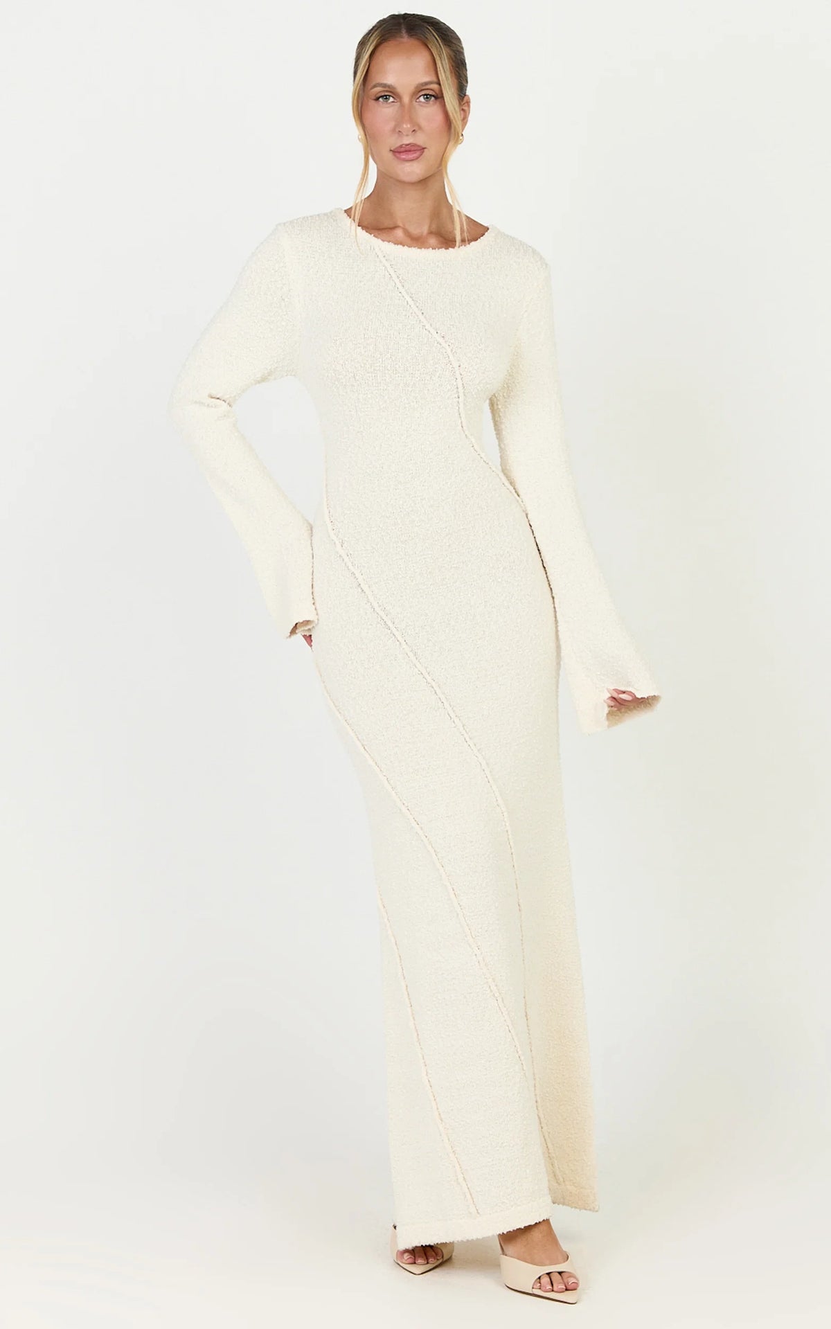 Delilah Maxi Dress - Long Sleeve Seam Detail Boucle Knit Dress in Cream